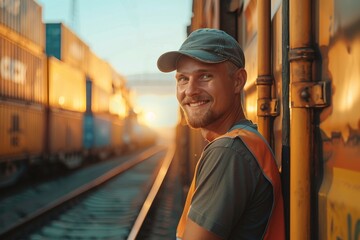A railway worker in a signal vest at a large junction railway station checks the technical condition of a freight train before departure. - obrazy, fototapety, plakaty