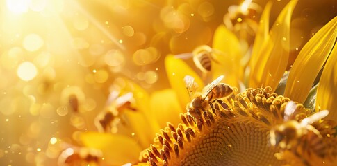 Close-up of a bee collecting honey from a blooming yellow sunflower. Preparation of natural honey. Sunflower and bee as a symbol of summer, health. AI generated illustration