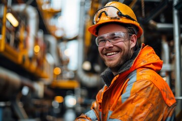Portrait of a male employee at gas drilling site. A young confident smiling man in bright uniform and safety hard hat maintains complex equipment in a modern industrial enterprise.