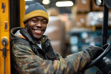 Portrait of a young African American warehouse worker driving a forklift. Smiling warehouse employee works in large warehouse distribution center. - obrazy, fototapety, plakaty
