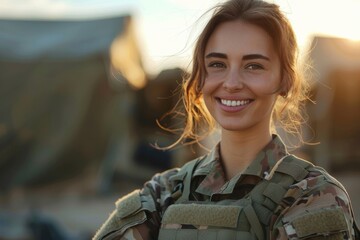 Close-up of a young Caucasian female soldier wearing camouflage uniform standing outdoors in marching camp. Confident smiling servicewoman proudly serves in her country military. - obrazy, fototapety, plakaty
