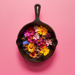 Creative concept with spring flowers and green leaves in frying pan on pastel pink background. MInimal nature flat lay. - obrazy, fototapety, plakaty