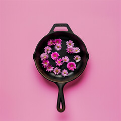 Creative concept with spring flowers and green leaves in frying pan on pastel pink background. MInimal nature flat lay. - obrazy, fototapety, plakaty