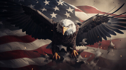 An iconic symbol of freedom, the eagle spreads its wings in front of the American flag, commemorating the nation's independence. - obrazy, fototapety, plakaty