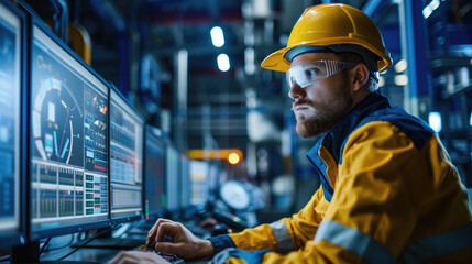 engineer in a yellow hard hat and safety glasses works on a computer - obrazy, fototapety, plakaty