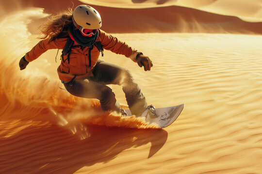 man sandboarding down a steep dune in the desert