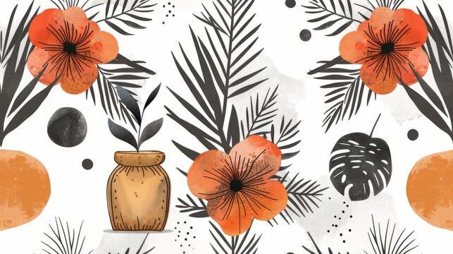  A painting of vibrant orange and black flowers against a crisp white backdrop, adorned with palm fronds and featuring an orange flower-filled vase