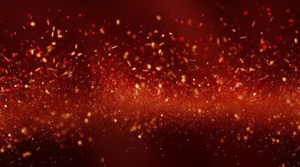 Background with abstract gold and red glitter, fireworks. Gold glitter confetti background. Christmas eve, 4th of july holiday concept. - obrazy, fototapety, plakaty