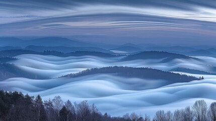 Obraz premium A foggy mountain range with trees in the foreground and a cloudy sky