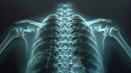 X-ray image of a human torso with visible spine and shoulder bones. Radiographic view of thoracic skeleton. Concept of medical imaging, vertebral anatomy, and diagnostic radiology.