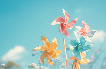pinwheels  on bright sky background.Minimal creative nature concept