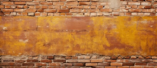 A close up of a brick wall with amber paint on rectangular bricks. The wood flooring brings out the orange hue of the building material, creating an artistic display of brickwork