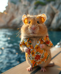 Adorable hamster, chic in shades, sips champagne on yacht.generative ai
