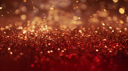 Background with abstract gold and red glitter, fireworks. Gold glitter confetti background. Christmas eve, 4th of july holiday concept. - obrazy, fototapety, plakaty