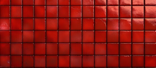 A close up of a rectangular red tile wall with an orange, magenta, and tartan pattern, creating a symmetrical design with different tints and shades