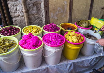 Pickled vegetables on Arab Souk Couk - Arabic bazaar in Old City of Jerusalem, Israel