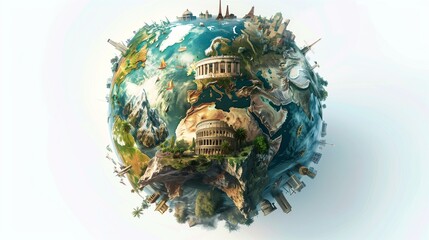 In this visually arresting image, a small planet teems with the world's most celebrated landmarks...