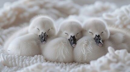  A flock of tiny white feathered creatures perched atop soft, snowy white sheets - obrazy, fototapety, plakaty