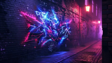 Night falls on a secluded urban alley where the soft glow of ambient streetlights illuminates a masterpiece of graffiti art on a brick wall.