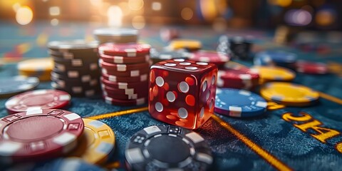 A closeup of various casino items like poker chips cards and dice creating a vibrant and exciting atmosphere. Concept Casino Themed Photoshoot, Closeup Shots, Poker Chips, Playing Cards, Dice - obrazy, fototapety, plakaty