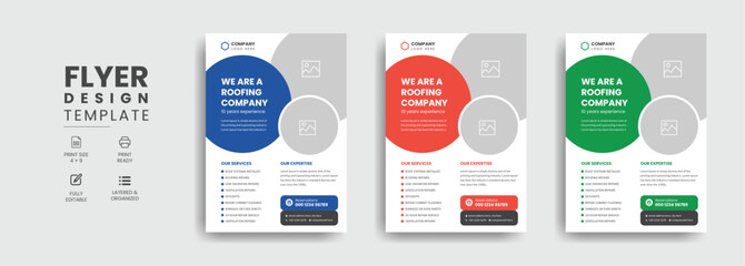 Roofing Experts Promotional Flyer Template with Home Repair Handyman Services Leaflet Design - obrazy, fototapety, plakaty