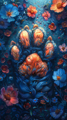 Fototapeta na wymiar dog colorful paw flowers ice blue background art cyberpunk,generative ai