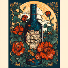 Bottle of wine decorated with flowers