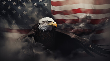 Naklejka premium Black banner with american eagle and USA flag in smoke.