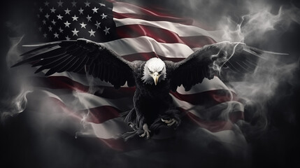 Black banner with american eagle and USA flag in smoke. - obrazy, fototapety, plakaty