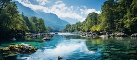 Foto op Canvas A picturesque natural landscape with a river flowing through a forest, framed by mountains in the background under a cloudy sky © AkuAku