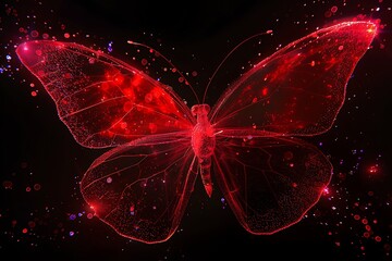 Glowing red butterfly on black background 3D illustration. Glowing red butterfly with wings of particles on black background 3D illustration