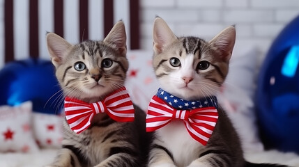Cute cats wear festive clothes in american flag colors. Independence Day or flag day. - obrazy, fototapety, plakaty