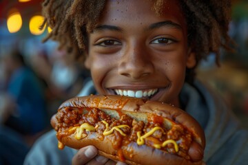 Joyful teenager enjoying a delicious chili dog at an outdoor fair - obrazy, fototapety, plakaty