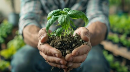 Anonymous gardener nurturing a green basil plant with care and precision