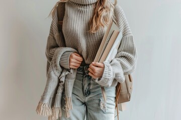 Unrecognizable young female student holding books in casual outfit