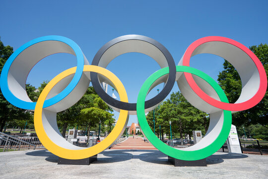 Atlanta, GA, USA - June 15, 2022: Closeup of the Olympic symbol, five interlaced rings of equal dimensions, seen at the Centennial Olympic Park in Atlanta, Georgia, built for the 1996 Summer Olympics.