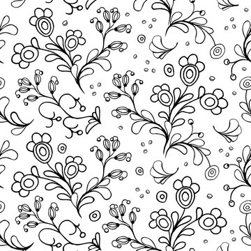 Black and white floral seamless pattern of hand-drawn elements.