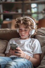 Young boy engrossed in music while using smartphone on couch