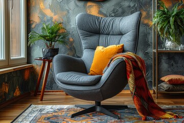 Cozy grey snuggle chair with warm blanket and cushion against a textured stucco wall in a boho-style interior
