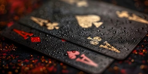 Black and red ace metallic casino cards for poker, blackjack, and baccarat: A closeup view. Concept Poker, Blackjack, Baccarat, Metallic Cards, Closeup View - obrazy, fototapety, plakaty