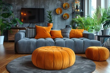 Stylish modern living room interior with cozy grey sofa and vibrant orange accents