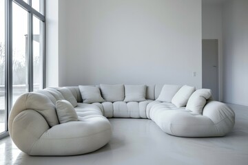 Modern minimalist interior with an elegant curved sofa