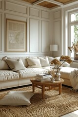 Elegant living room with beige sofa, round wooden coffee table, and cozy home decor