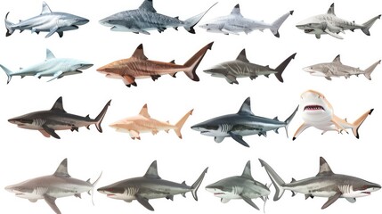 Fototapeta premium Photo realistic wild predator shark animal set collection. Isolated on white background 