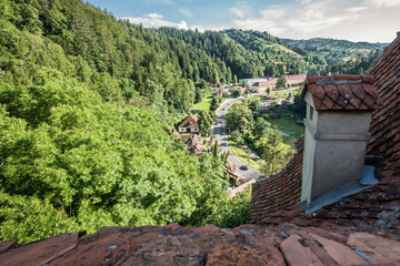 View from the balcony of so called Dracula Castle in Bran town, Transylvania region, Romania