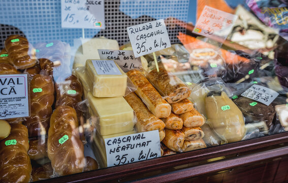 Romanian Kashkaval cheese on a food market in Bran town, Transylvania, Romania
