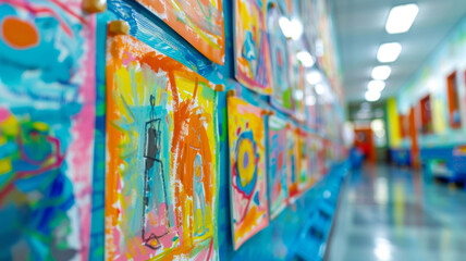 Colorful children's artwork on display