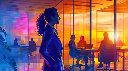 A woman stands contemplatively in a vibrant, modern office at sunset