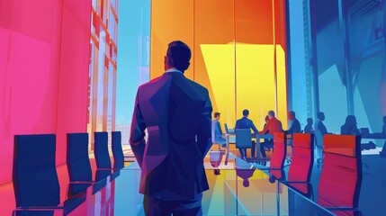 A business person stands in a colorful, modern office environment