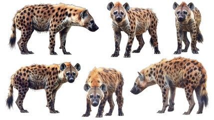 Photo realistic wild predator hyena animal  set collection. Isolated on white background 